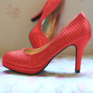  幸服良呈 红色金色亮片防水台超高跟结婚鞋新娘鞋 礼服鞋旗袍鞋