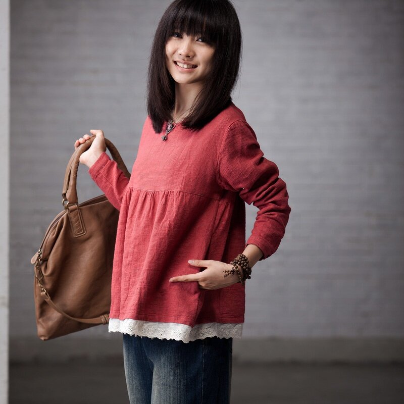 C2006B 钩花边下摆圆领长袖后开扣女衬衫 2012秋 米兰宣言-米可可