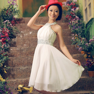 Qingguo small wedding dress wedding dresses gown hanging neck skinny small skirt chiffon bridesmaid dress XLF1-1