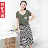 韩都衣舍韩国2012夏装新款女装假两件短袖条纹连衣裙DL1249喆卉