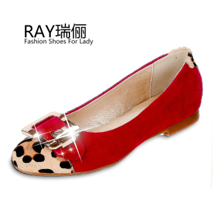  RAY瑞俪春季新款 欧美风马毛豹纹牛筋底女鞋 真皮平跟单鞋子