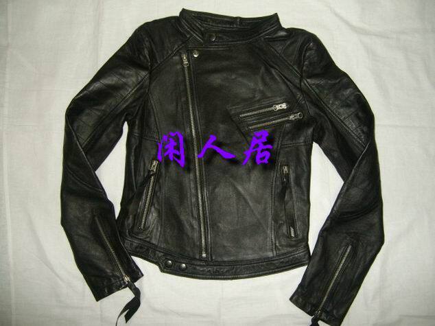 百家好黑色绵羊皮立领斜拉链修身女款皮衣外套
