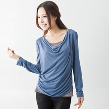 2012春新蓝若水大码女装宽松大号胖mm大码显瘦假两件长袖t恤8716