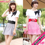 新款限时5折 2011新品夏装甜美淑女装 韩版格子连衣裙配胸花腰带
