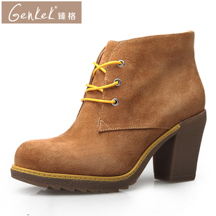  GENKEK/臻格 春秋款 休闲高跟短靴女式靴子 真皮系带马丁靴及裸靴