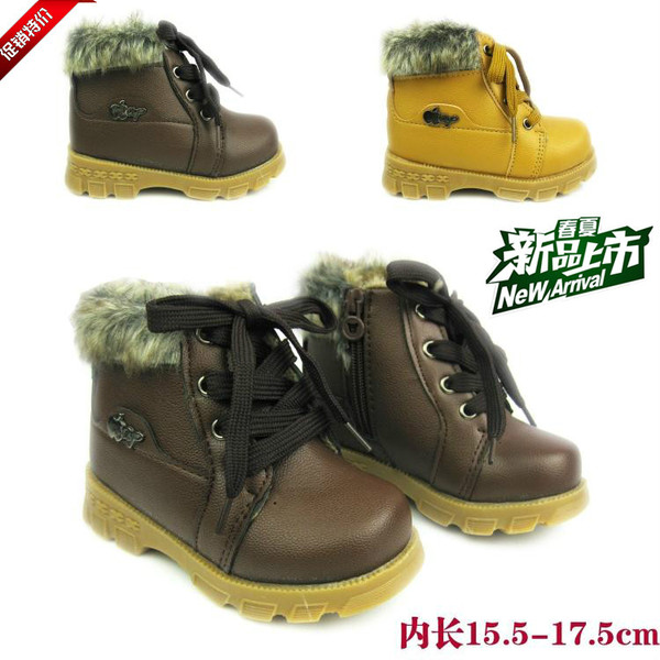 Male child cotton leather male boots plush cotton-padded shoes winter