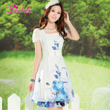 蝶臣 夏季2012新款女装 韩版时尚复古印花短袖雪纺连衣裙女