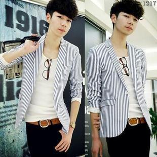  林弯弯新款韩版外套男士时尚休闲西装男单粒扣条纹西服男生小西装