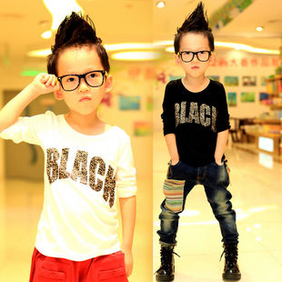  童装男童长袖T恤 春装新款韩版儿童宝宝豹纹字母新年潮Y12527