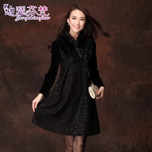  约瑟芬梵 秋冬新款修身羊毛显瘦甜美兔毛领丝绒连衣裙A12889
