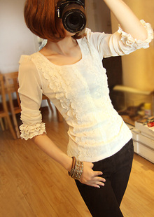 韩版新款秋冬春装女修身荷叶袖网纱宽松蕾丝衫上衣长袖雪纺打底衫