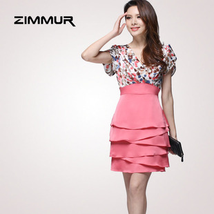  zimmur正品 新款夏季荷叶边修身层叠短袖连衣裙 Z12CQF326RC