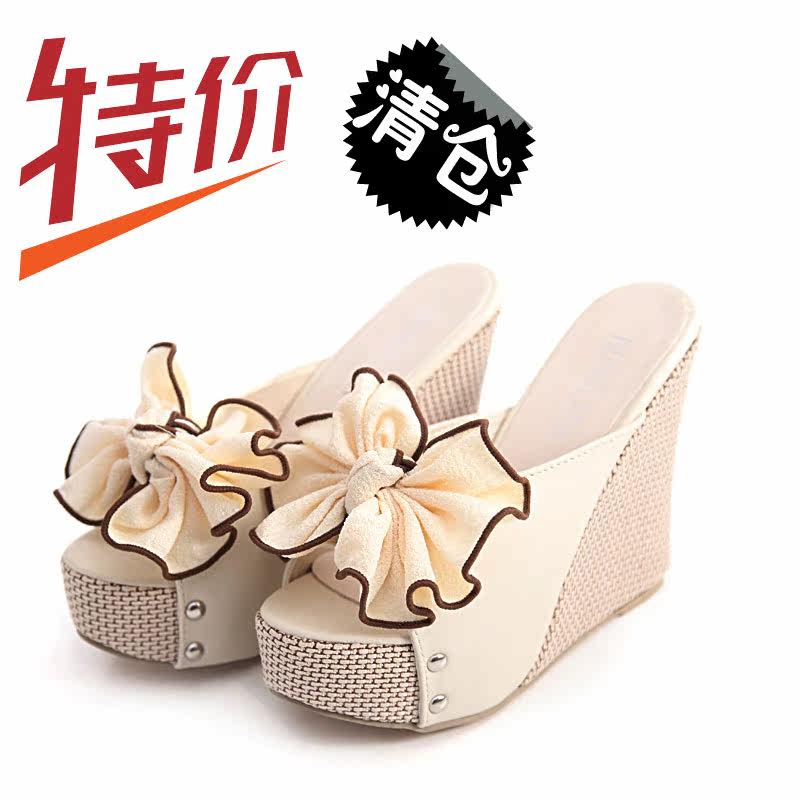 2012夏季新品欧美款鱼嘴大蝴蝶结坡跟凉鞋松糕底凉拖鞋女鞋[K53]