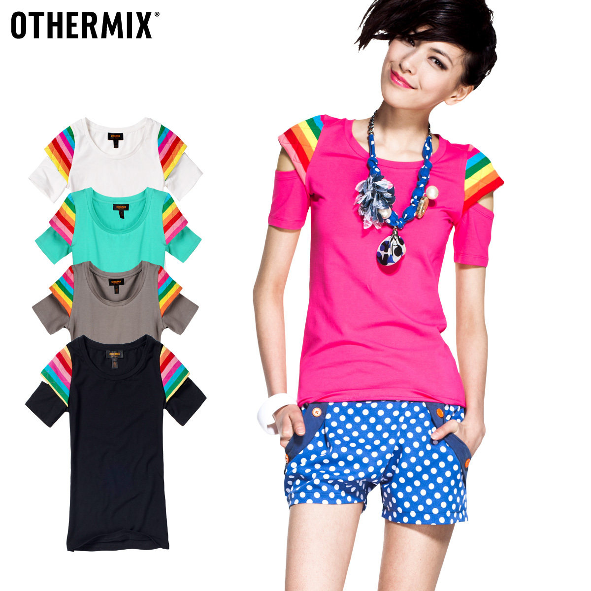 爱の初体验【othermix】肩部彩虹条纹个性时尚款修身短袖T恤 女 价格:109.00