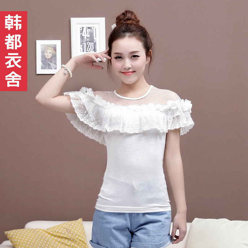韩都衣舍<span class=H>季候</span><span class=H>风</span>2012夏正品 t恤 女 短袖 蕾丝 一字露肩