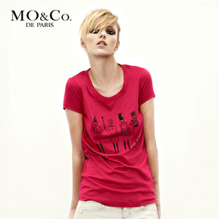 Mo&Co.摩安珂 2012春夏女装 M103TST65中长款印花T恤 圆领短袖T