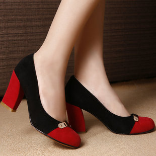  欧美时尚羊皮高跟鞋粗跟牛筋底真皮撞色单鞋女鞋 结婚鞋小码鞋 33