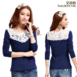  艾蓓怡 春季新款 蕾丝拼接 淑女气质 女士宝蓝色长袖打底T恤