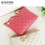 KIZZME 韩版春款铆钉菱格羊皮车缝线单肩斜挎包包真皮女包链条包