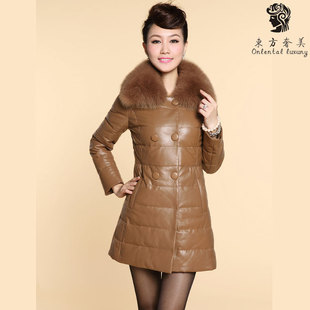  海宁皮衣新款 狐狸毛领绵羊皮真皮羽绒服真皮皮衣女中长款099
