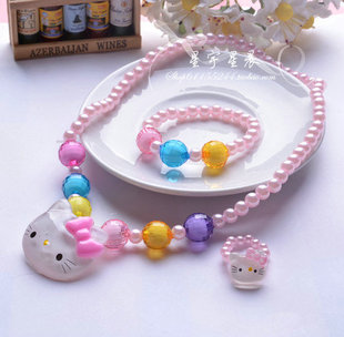  韩国儿童发饰品 可爱hellokitty 项链+手链+戒指套 特价彩色珍珠