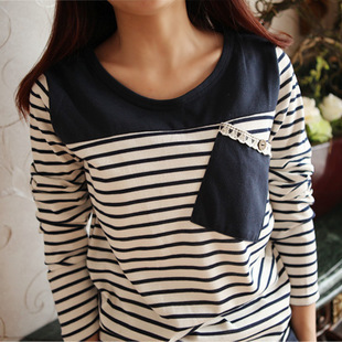 加厚横条纹休闲t恤...