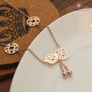  爱饰 中国风葫芦钱币玫瑰金脚链 镀18K彩金女钛钢韩国饰品礼物