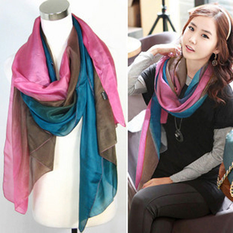 情人节好礼春夏韩版女款 超大尺寸 纯真丝加长丝巾围巾 渐变情调