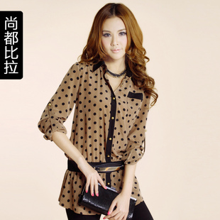 2012新款春装大码女装 韩版OL复古雪纺衫 长袖波点衬衣 修身衬衫