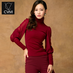  C.VIVI秋冬新品韩版潮高领蕾丝打底衫长袖网纱t恤厚修身衬衣女装