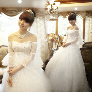 Luxurious new one shoulder trumpet sleeve Princess style dress hang nail Pearl bridal wedding ceremony Deluxe Palace