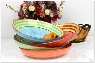 陶瓷盘子彩色手绘边红色绿色条纹边盘子彩虹盘
