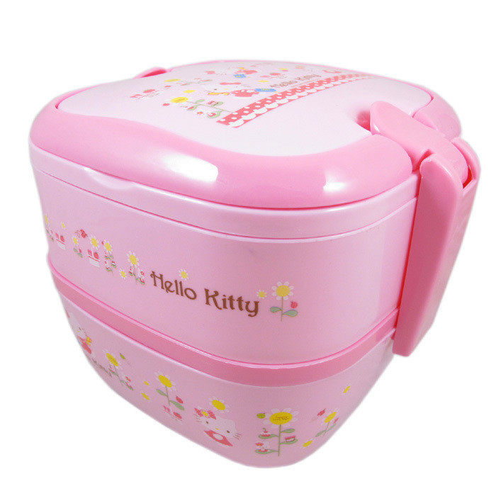 皇冠信誉hello kitty凯蒂猫可爱粉色双层便当饭盒送勺子 手提饭盒