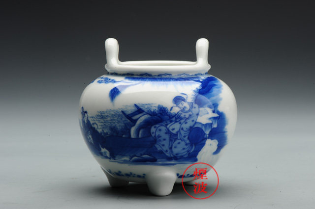 景德镇小雅 手绘青花瓷器 小雅珍玩款 太白醉酒双耳三足香炉 香插