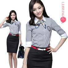 涟影2012 女<span class=H>新款</span> <span class=H>春夏</span>装英伦风胸章衬衣OL条纹职业修身短袖衬衫