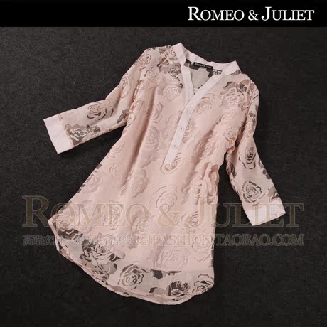 【罗家精品】2014欧美春夏女装新款优雅复古玫瑰花朵直筒衬衫上衣
