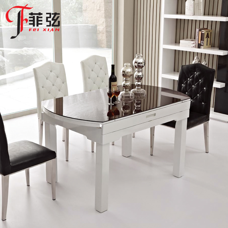 小户型多功能餐桌 钢化玻璃 简约 伸缩餐台 烤漆桌椅组合 c027