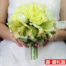简爱新娘手捧花 韩式结婚捧花 高级绢布玫瑰花+大花蕙兰 独特设计