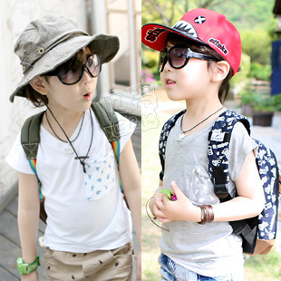  夏装韩版新款印花口袋男童装女童装宝宝儿童短袖T恤tx-1108