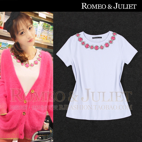 【明星同款】2014春夏女装新款 粉色宝石钉珠修身短袖白色T恤衫