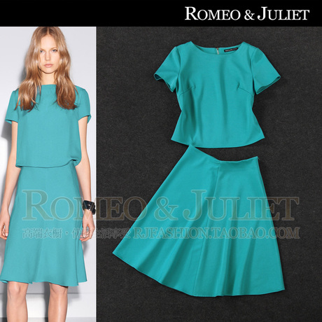 【设计师】2014春夏欧美女装新款气质湖蓝纯色短袖上衣半身裙套装