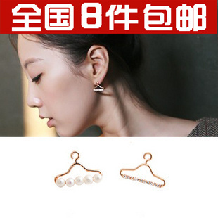  韩国饰品 韩版时尚精致不对称衣架镶嵌闪石珍珠耳钉 耳环 耳饰 女