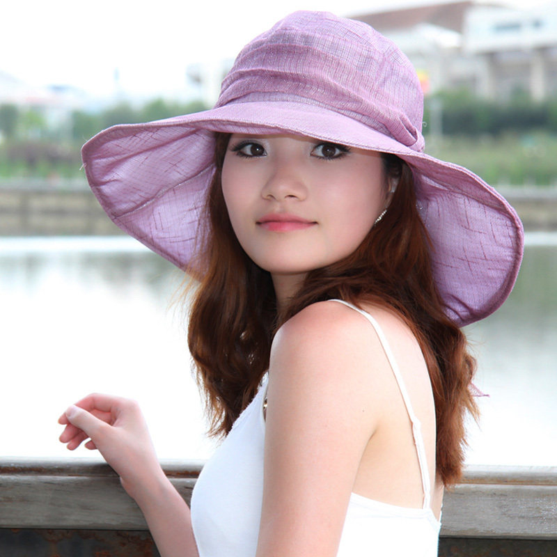 帽子女夏天韩版纯色遮阳帽防紫外线折叠大沿帽沙滩帽太阳帽海边帽