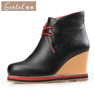  GENKEK/臻格 头层牛皮真皮休闲女鞋松紧带坡跟鞋高帮鞋厚底鞋