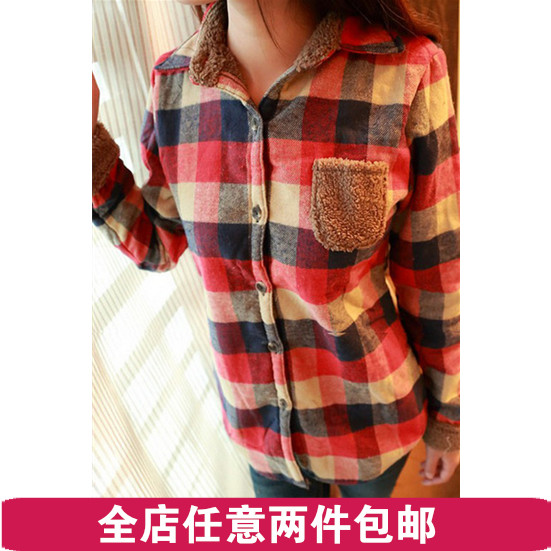 韩版羊羔毛加厚彩色格子衬衫加绒保暖修身长袖长款衬衫女衬衣