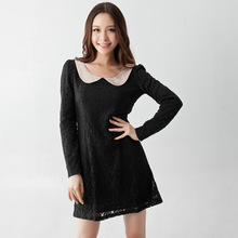 蓝若水大码女装2012新款春装修身显瘦娃娃领长袖打底蕾丝连衣裙女