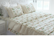 韩国进口米色条纹缝纫玫瑰，花朵丝带荷叶边木耳蕾丝四件套床品