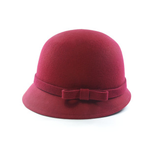  特价！呛口小辣椒纯羊毛呢帽子女士秋冬天 蝴蝶结酒红色盆帽礼帽