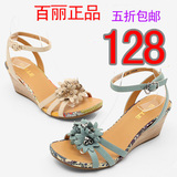 百丽专柜正品 2012夏款 高跟坡跟羊皮花朵露趾女凉鞋 3RM09
