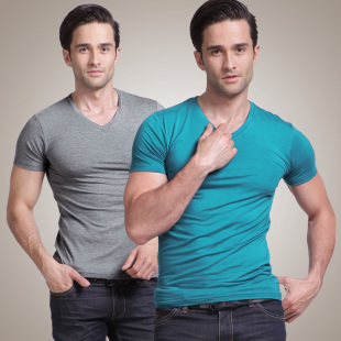  花样生活 高弹莫代尔 男士短袖纯色V领修身t恤 男欧美休闲打底衫